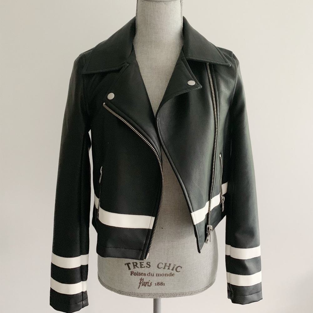 😎asos leather jacket with white detail😎
